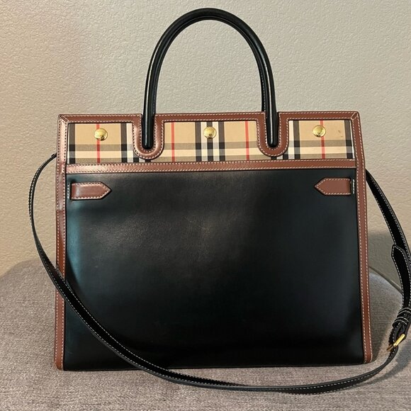 Leather and Vintage Check Two-handle Medium Title Bag - Picture 3 of 9